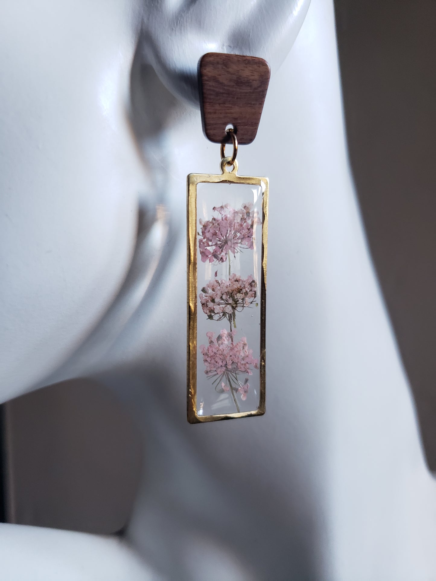 Pink tiny Queen Ann's lace flower resin dangles