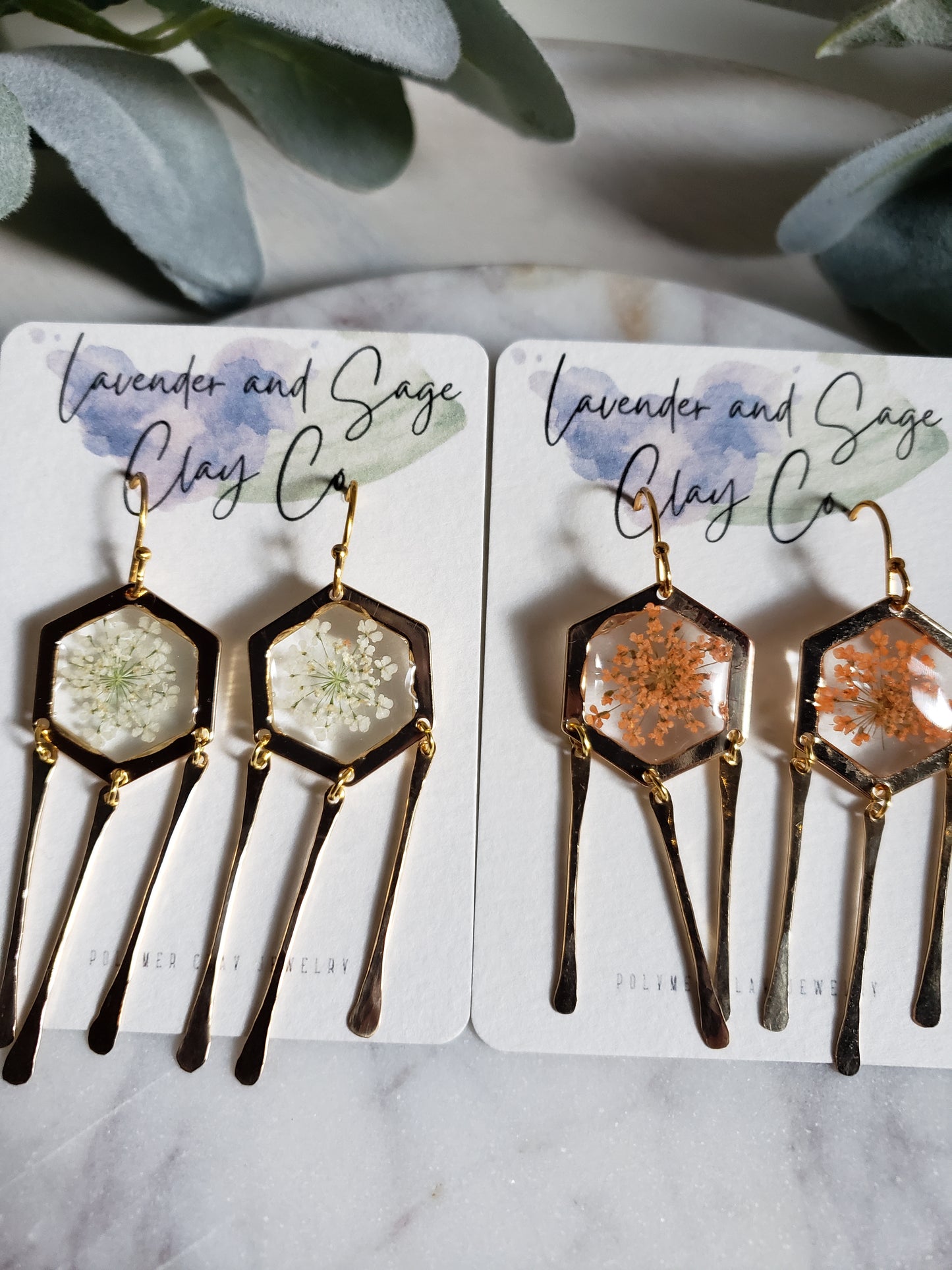 Peach Queen Ann's lace floral resin earrings with 14k gold fill hammered stick dangles.