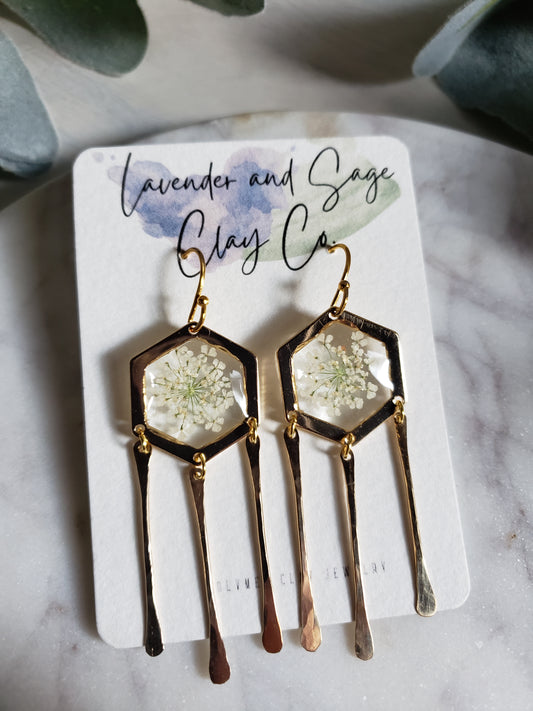 White Queen Ann's lace floral resin earrings with 14k gold fill hammered stick dangles.