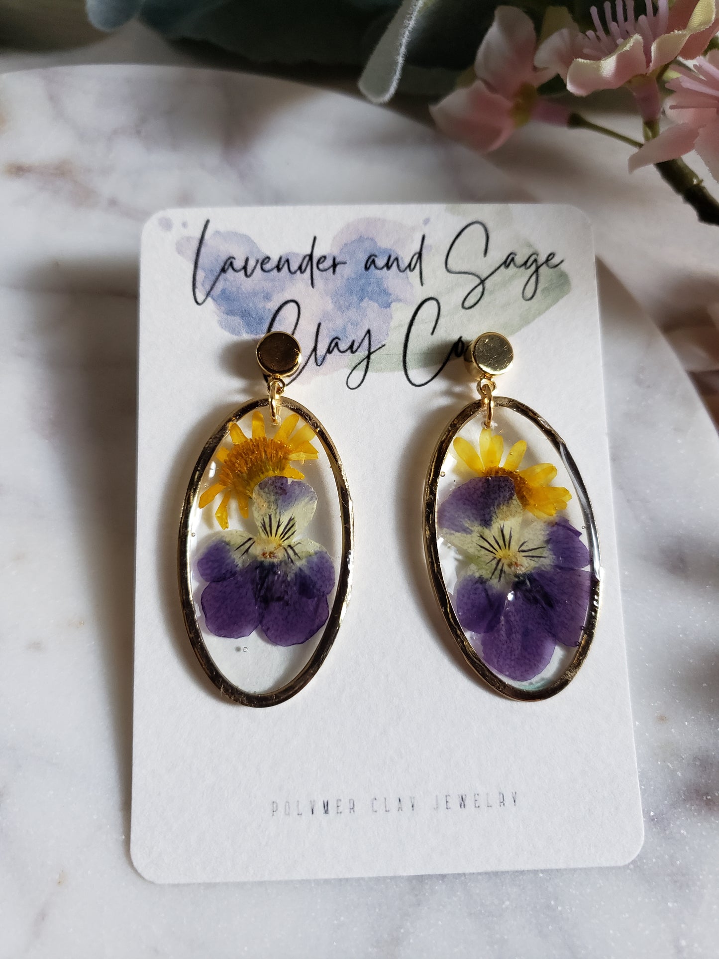 Violet and Daisy Resin Oval Earrings