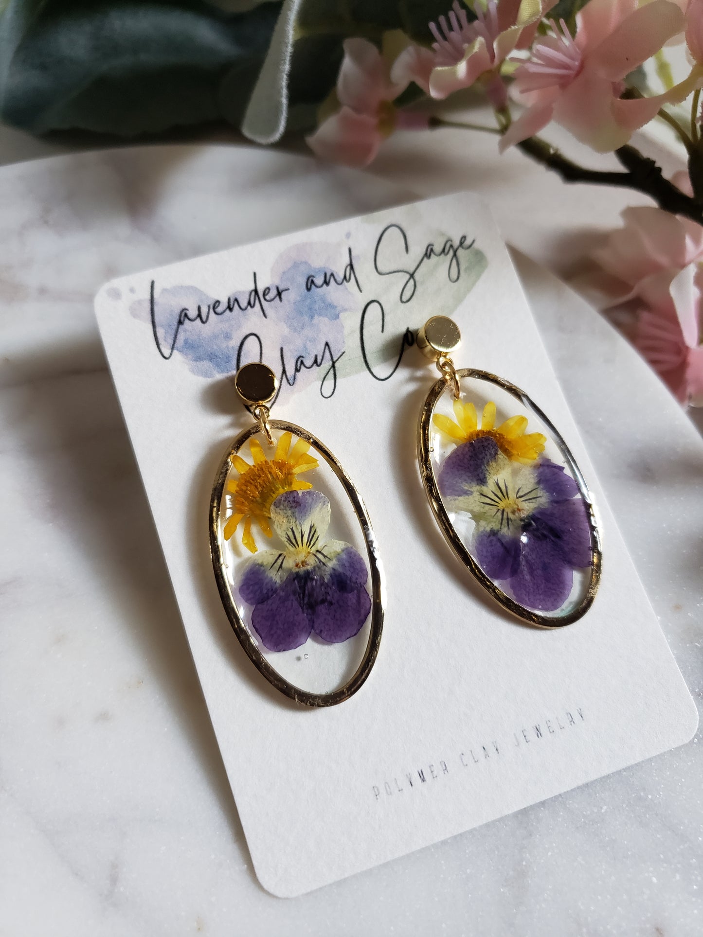 Violet and Daisy Resin Oval Earrings