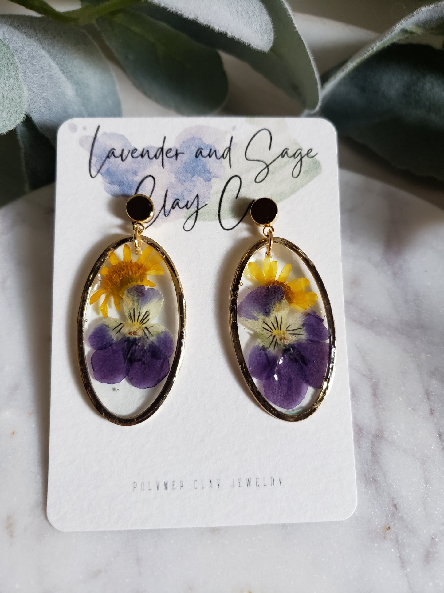 Violet and Daisy Resin Oval Earrings