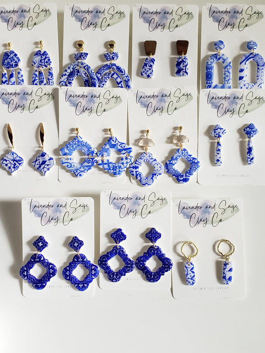 Santorini Collection | Polymer clay earrings | Blue and white earrings