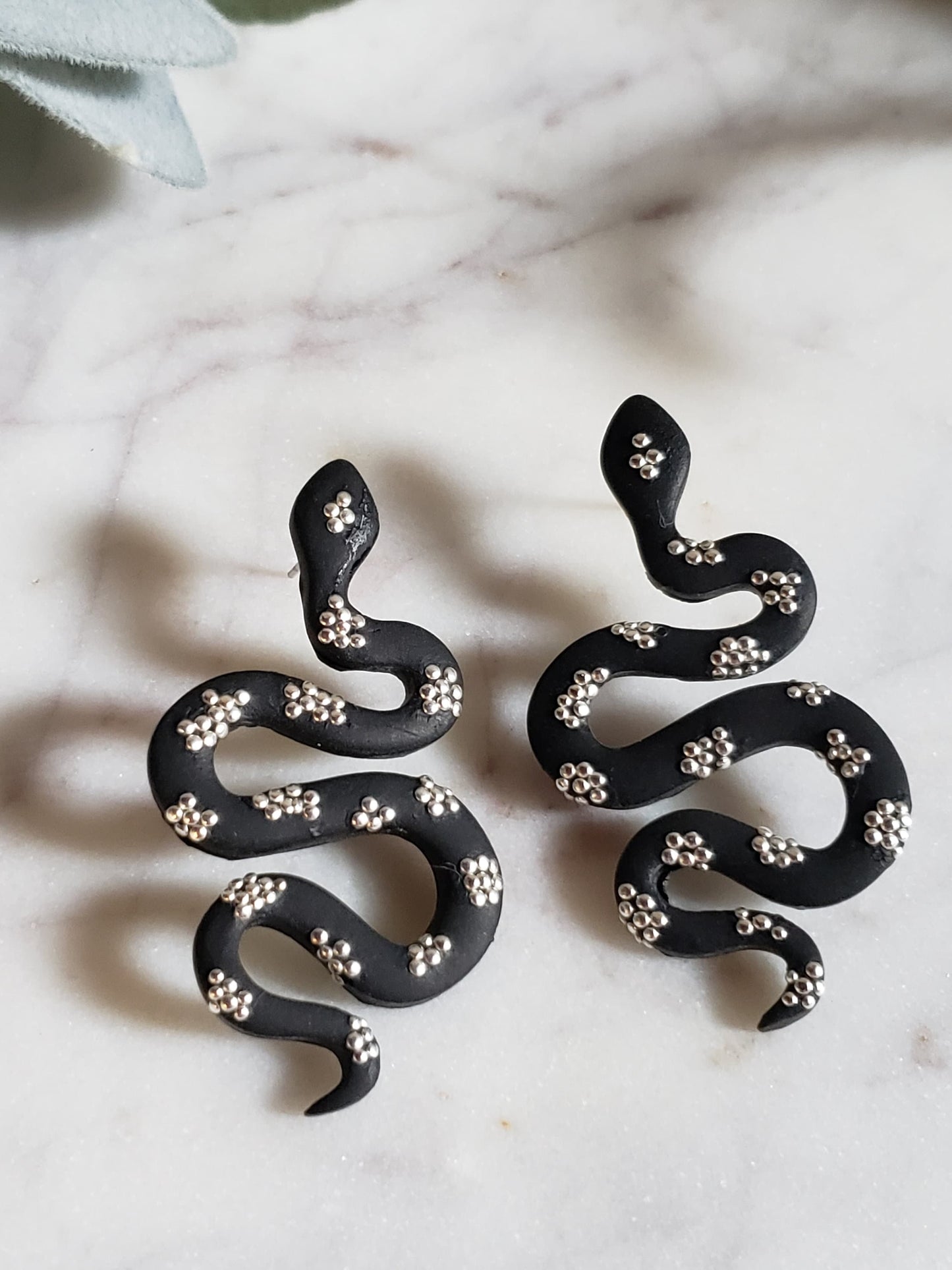 Snake polymer clay earrings in gold and black or silver and black