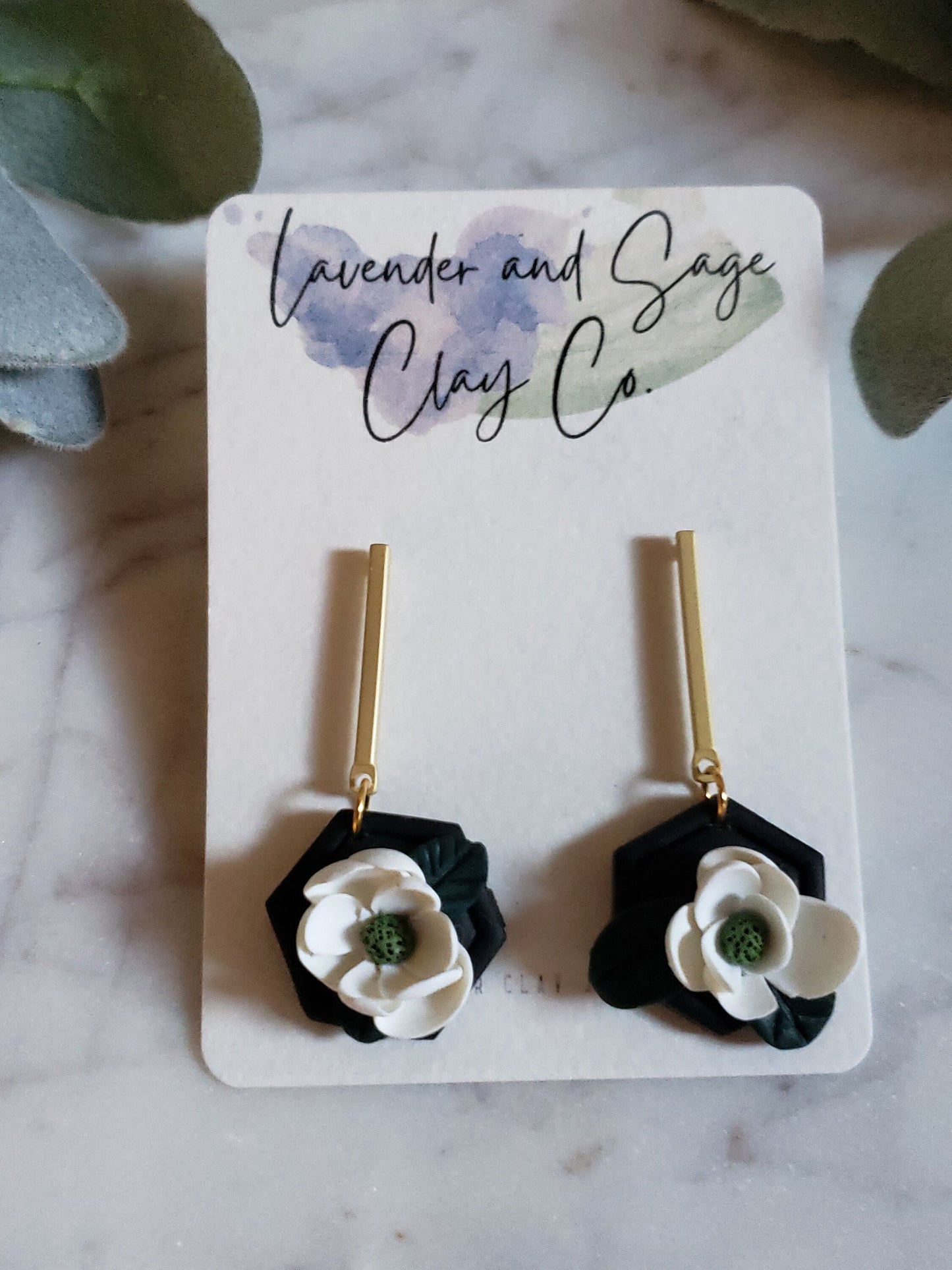 White Florals polymer clay earrings with gold details | magnolia flower earrings | white roses earrings