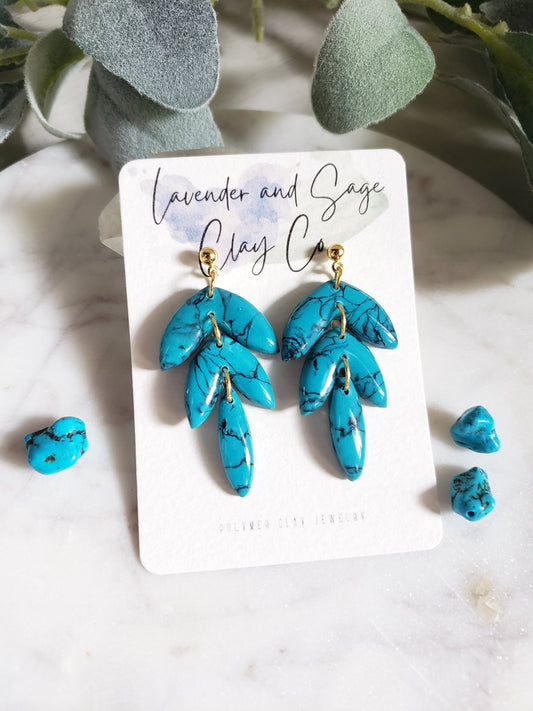 Turquoise triple leaf shaped polymer clay earrings Darker Turquoise