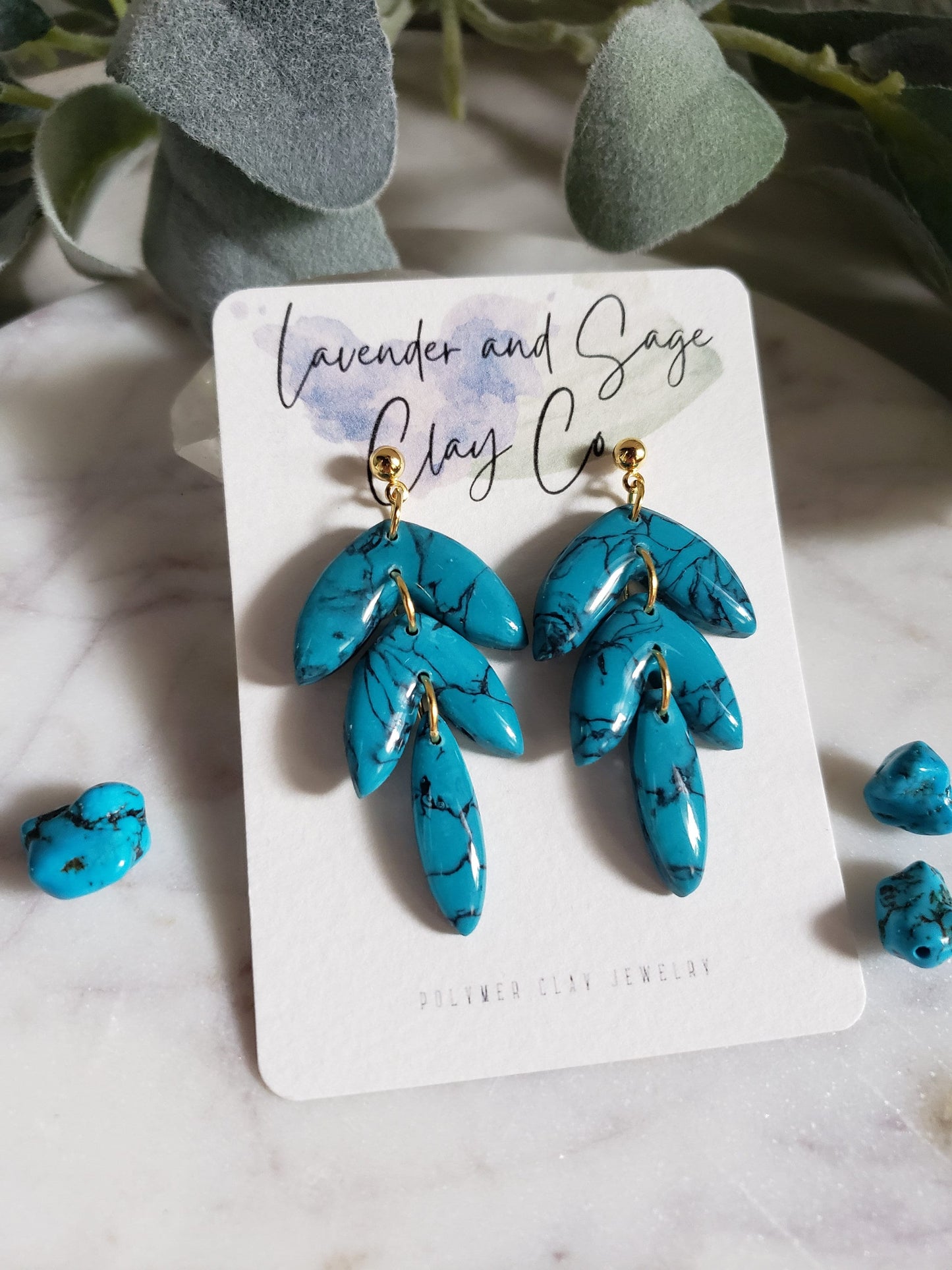 Turquoise triple leaf shaped polymer clay earrings Darker Turquoise