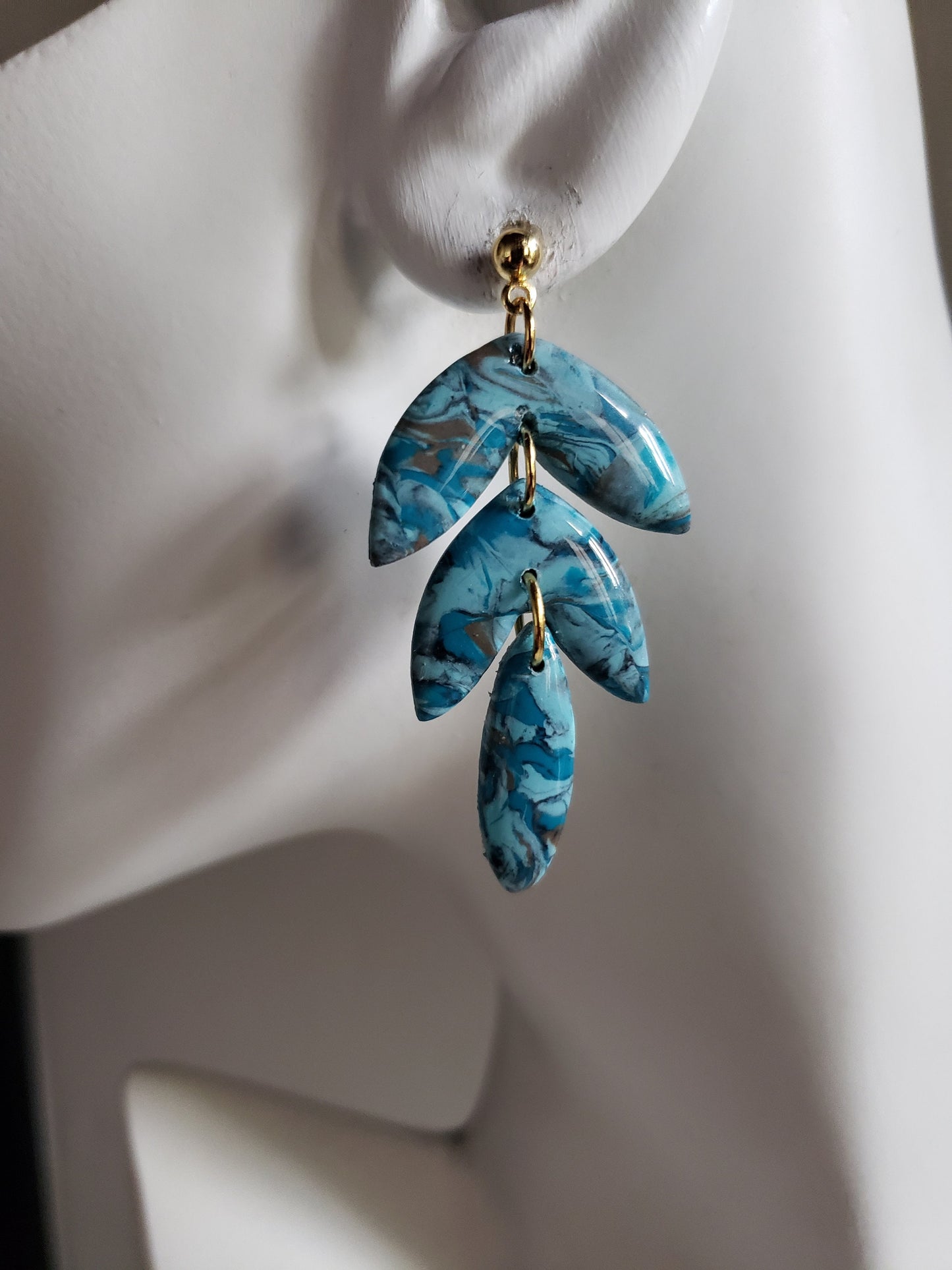 Turquoise triple leaf shaped polymer clay earrings