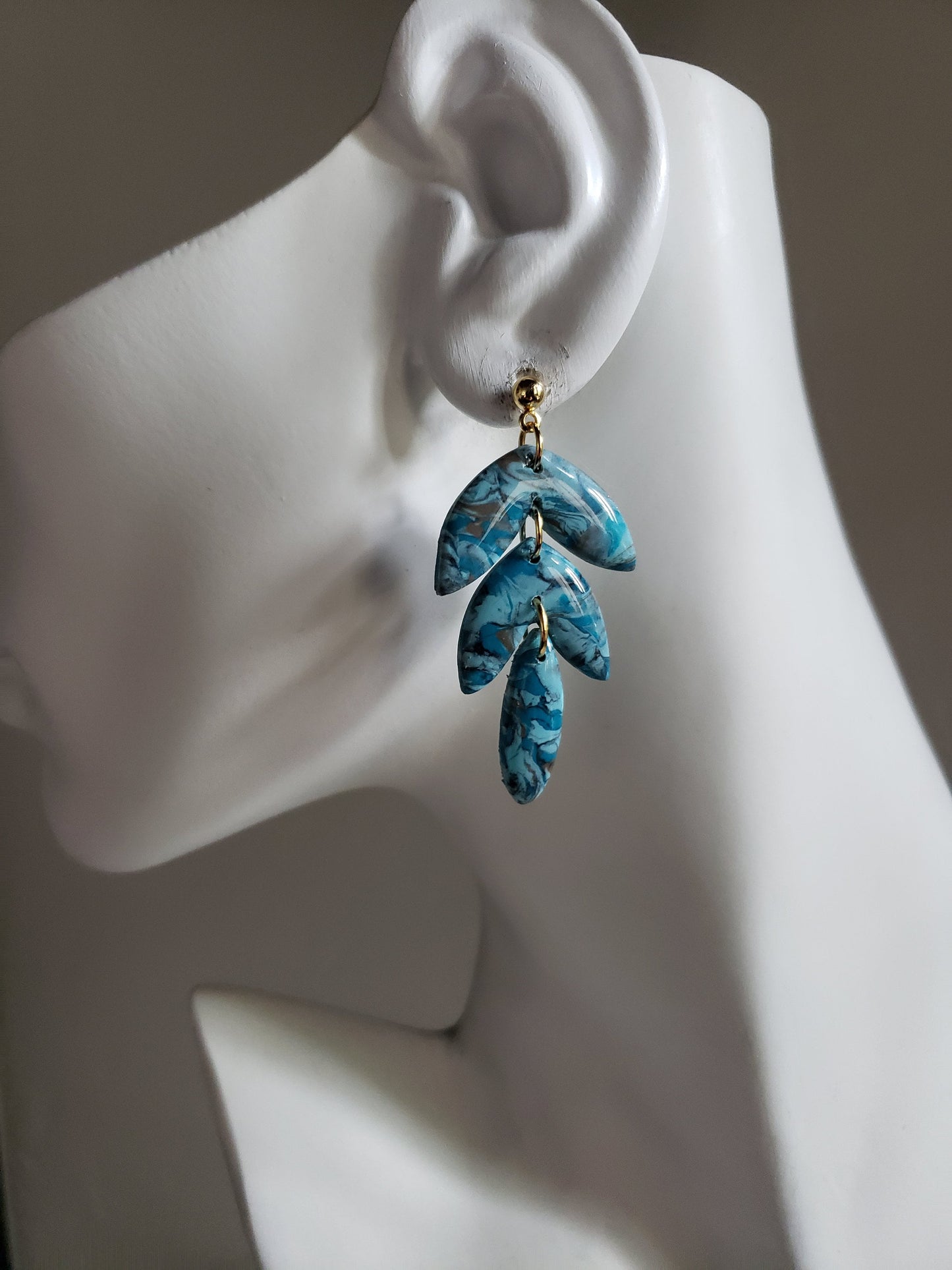 Turquoise triple leaf shaped polymer clay earrings