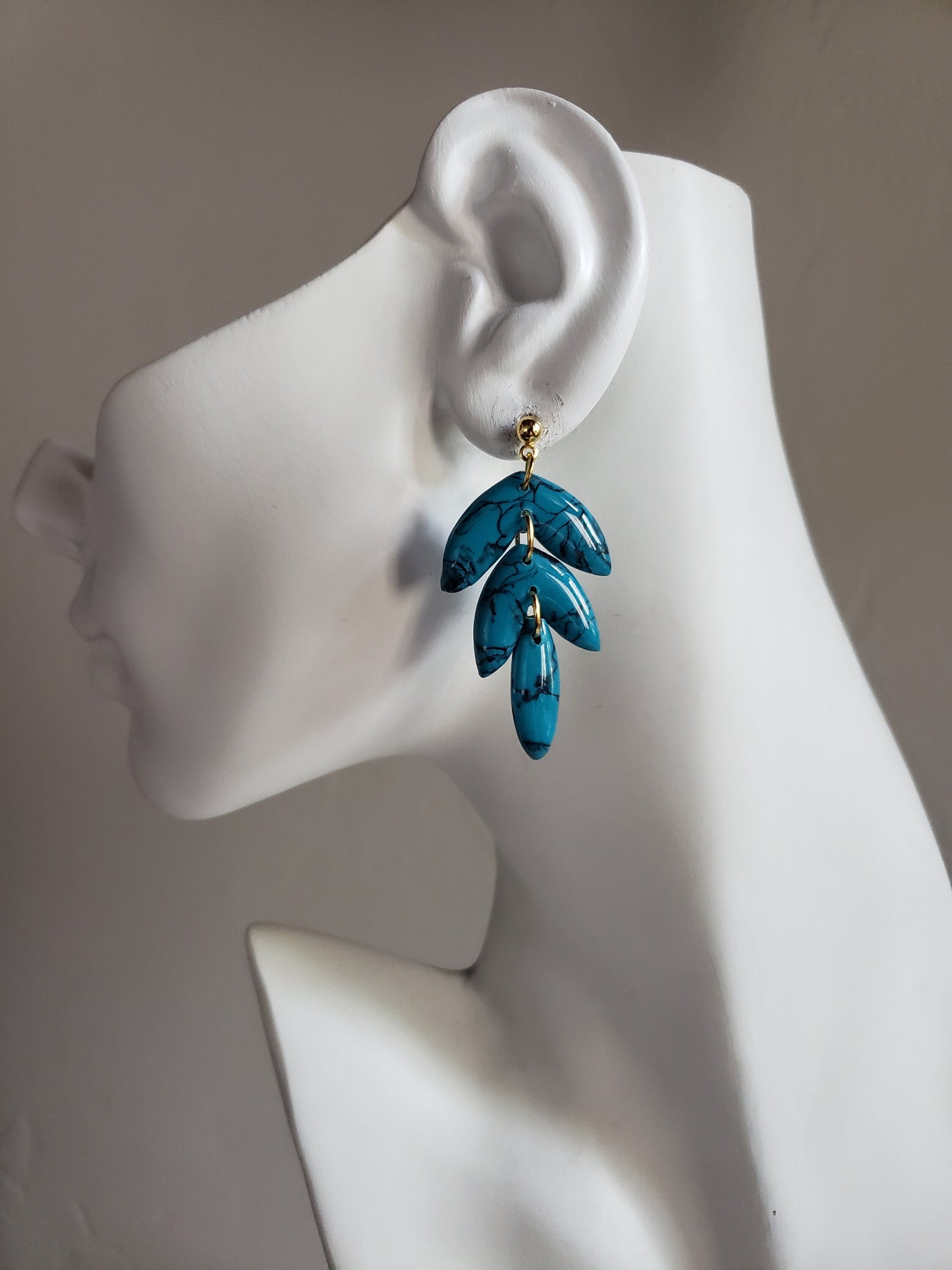 Turquoise triple leaf shaped polymer clay earrings Darker Turquoise