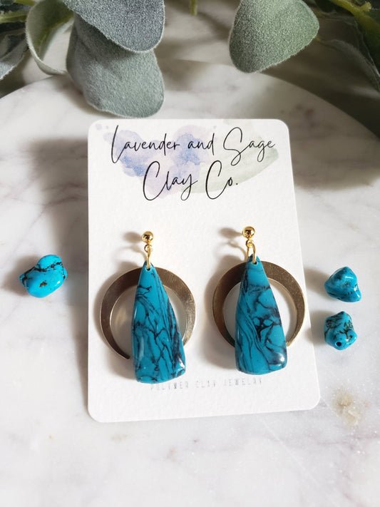 Turquoise dagger shaped polymer clay earrings with brass moon accents| Handmade clay earrings