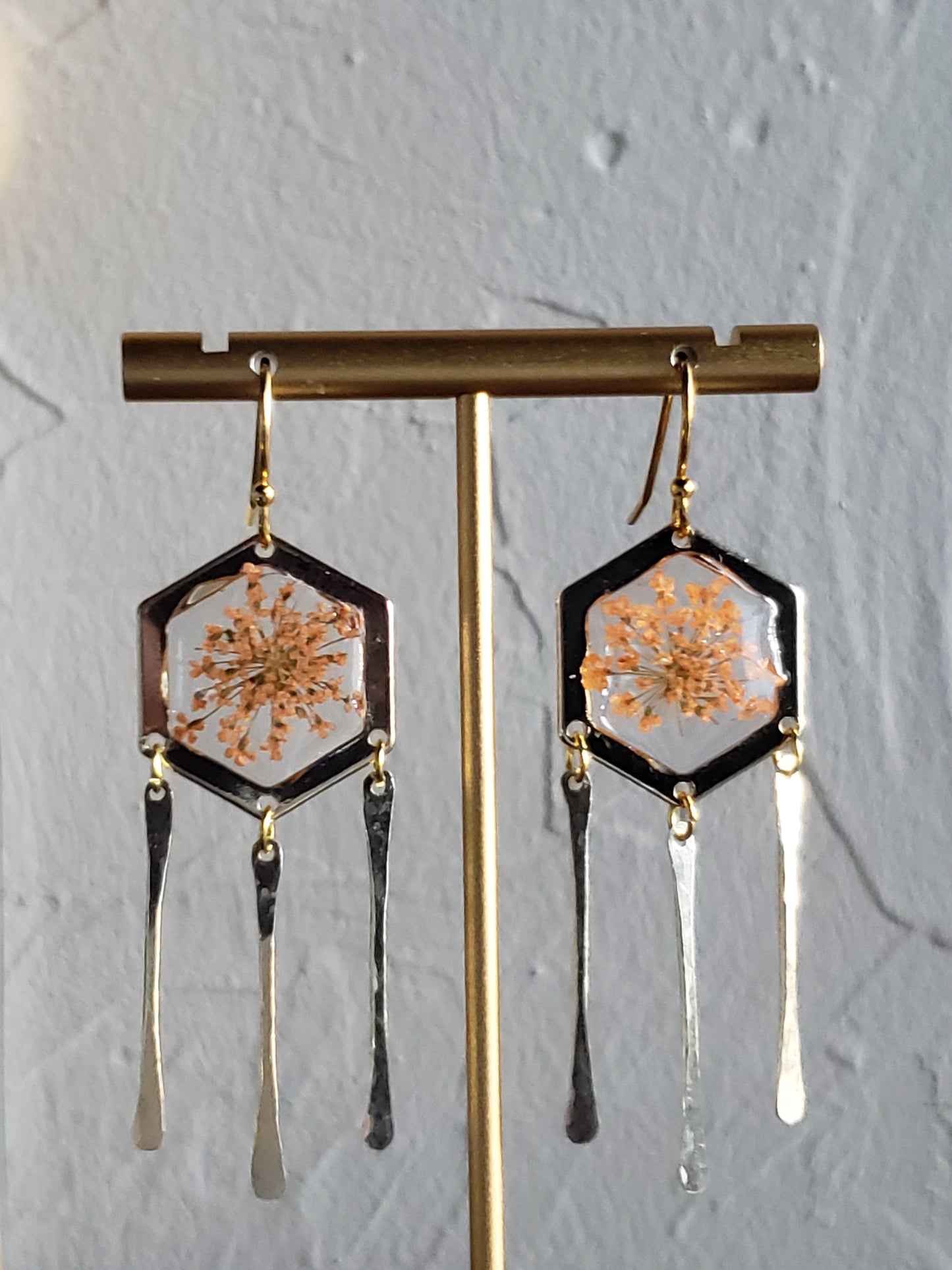 Peach Queen Ann's lace floral resin earrings with 14k gold fill hammered stick dangles.