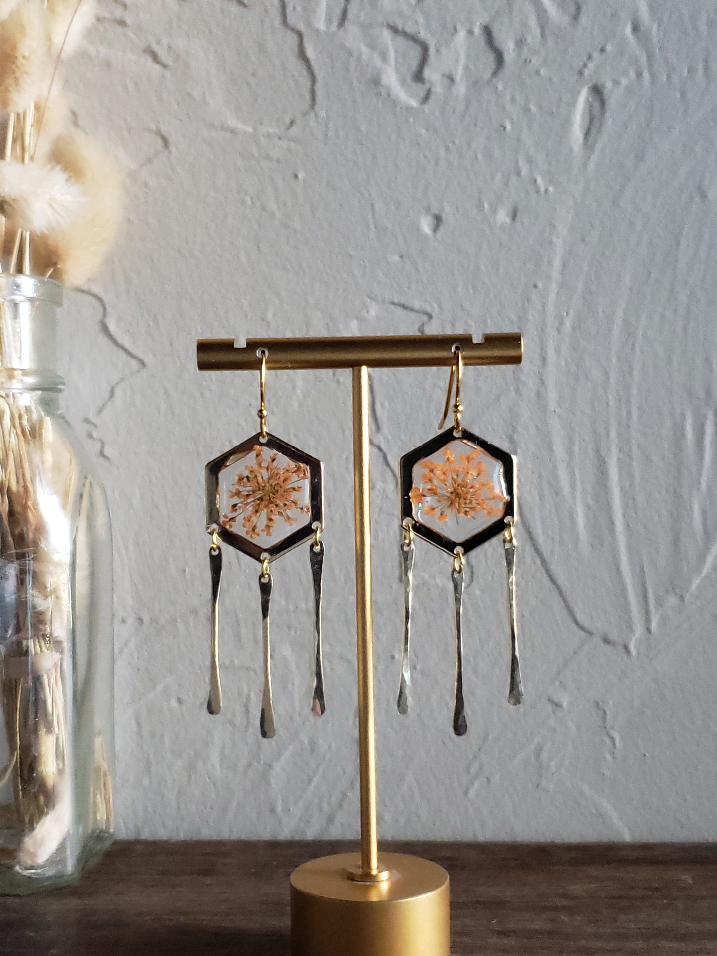 Peach Queen Ann's lace floral resin earrings with 14k gold fill hammered stick dangles.