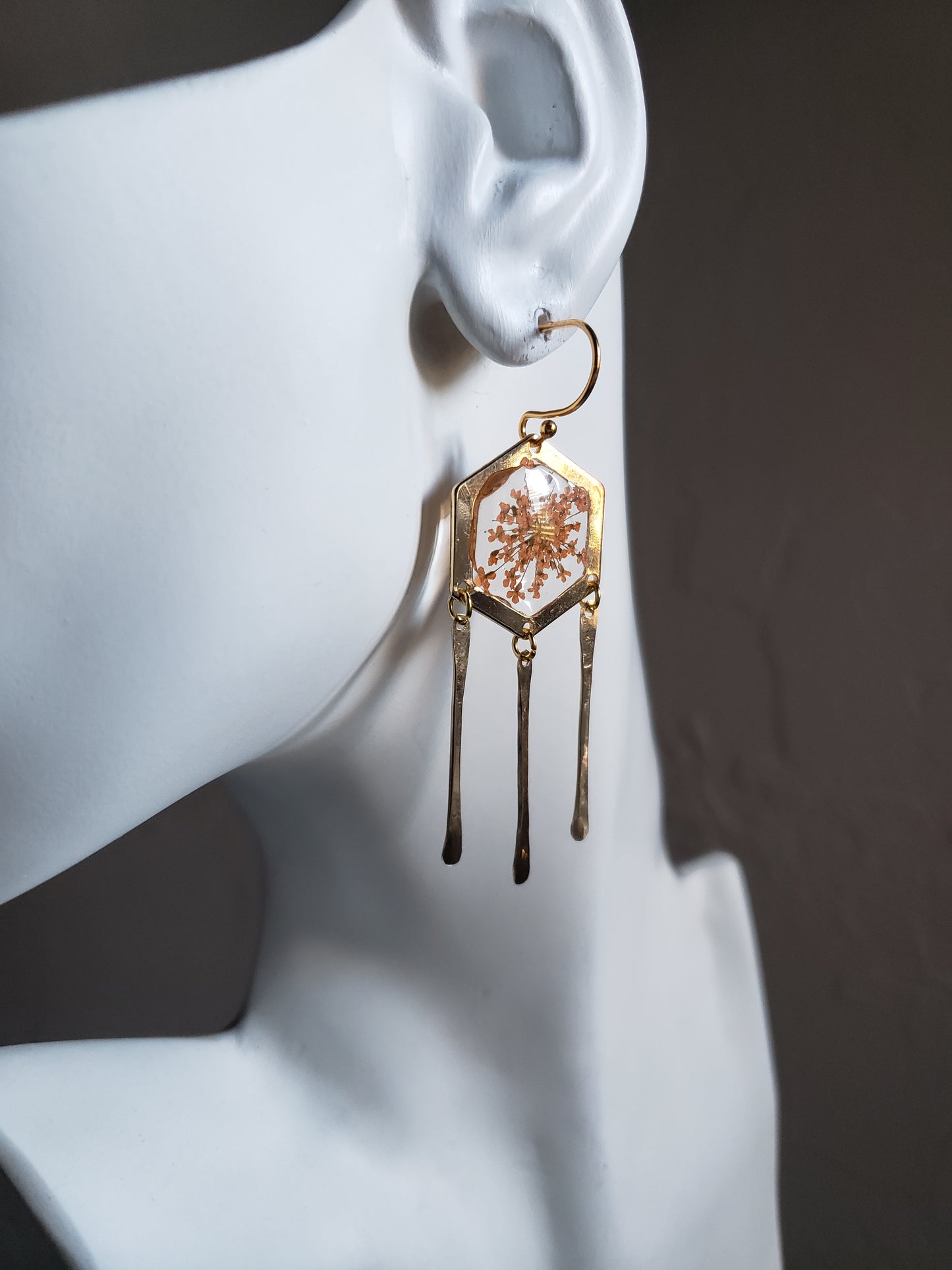 Peach Queen Ann's lace floral resin earrings with 14k gold fill hammered stick dangles.