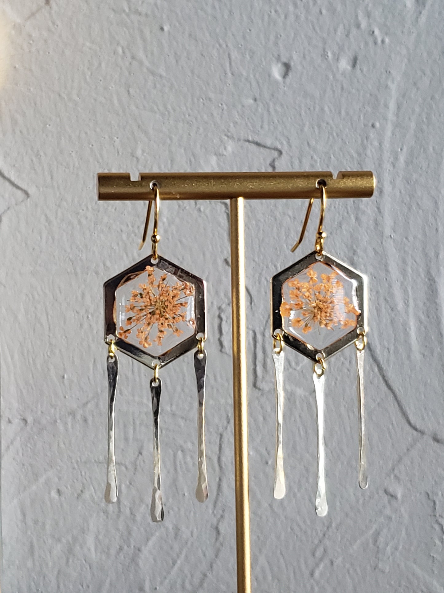 Peach Queen Ann's lace floral resin earrings with 14k gold fill hammered stick dangles.