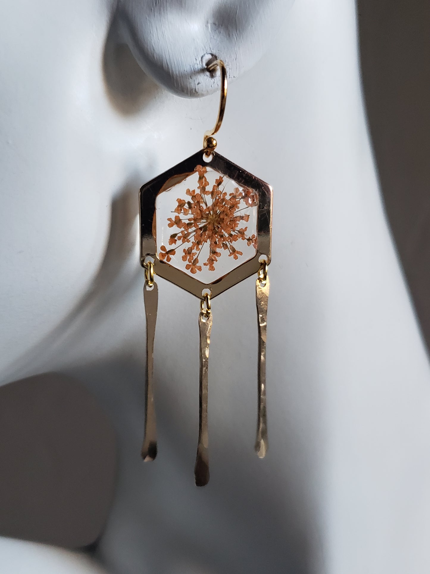 Peach Queen Ann's lace floral resin earrings with 14k gold fill hammered stick dangles.