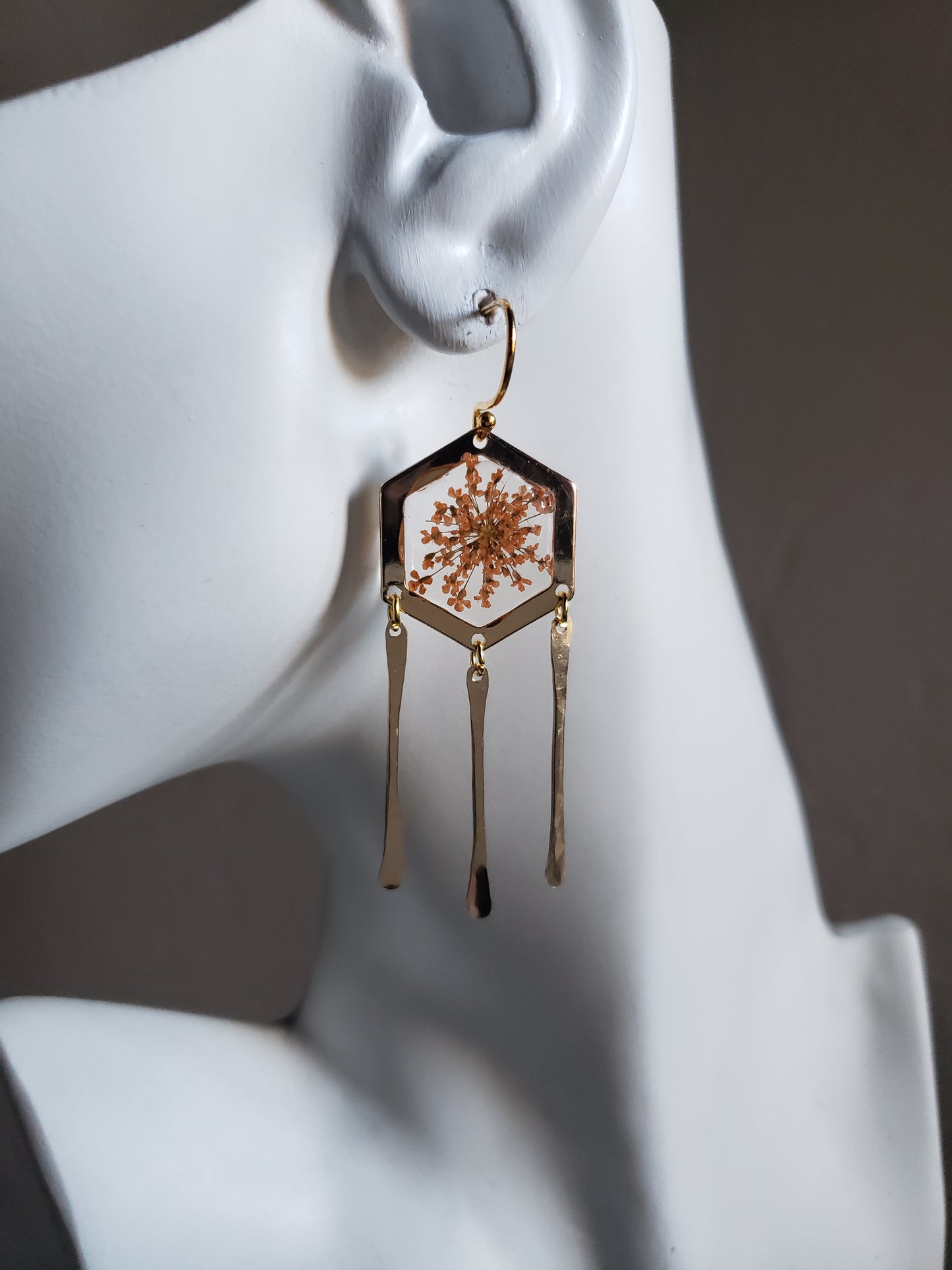 Peach Queen Ann's lace floral resin earrings with 14k gold fill hammered stick dangles.