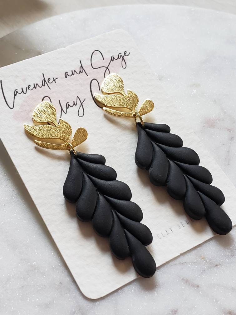 Black polymer clay earrings |  Black and gold earrings | Date night earrings | comfortable lightweight earrings