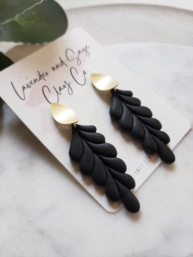 Black polymer clay earrings |  Black and gold earrings | Date night earrings | comfortable lightweight earrings