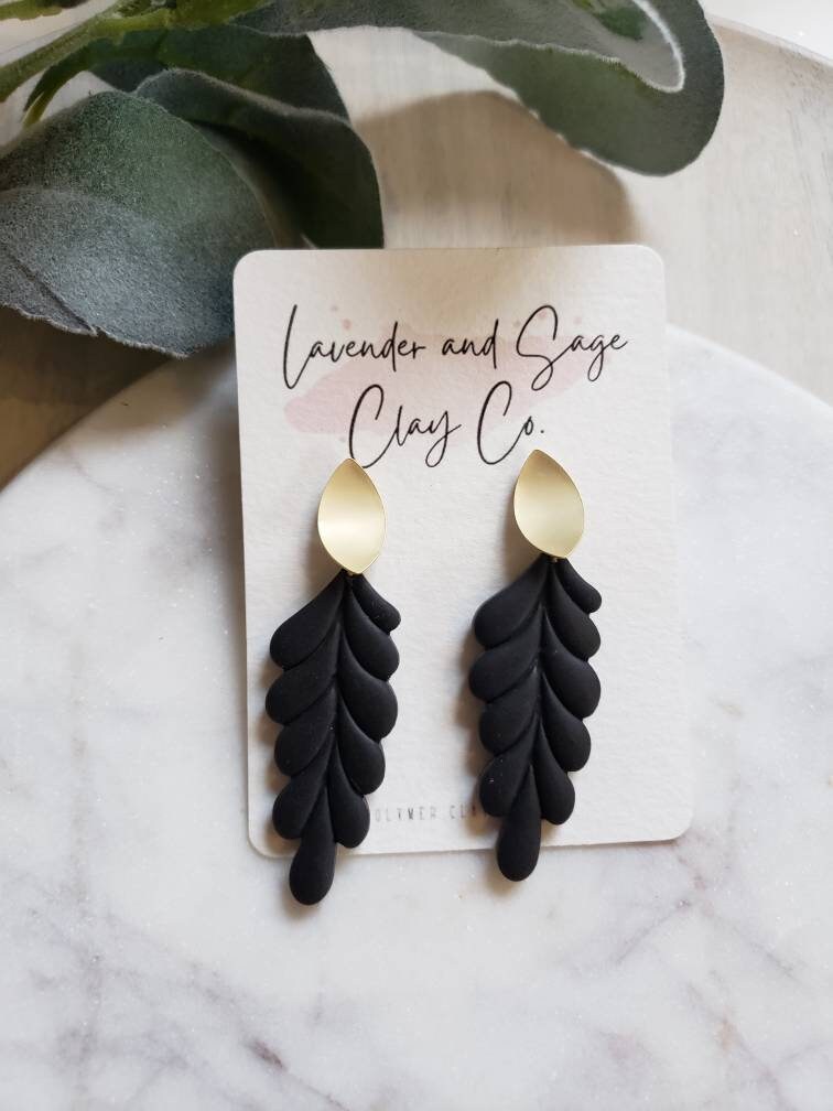 Black polymer clay earrings |  Black and gold earrings | Date night earrings | comfortable lightweight earrings