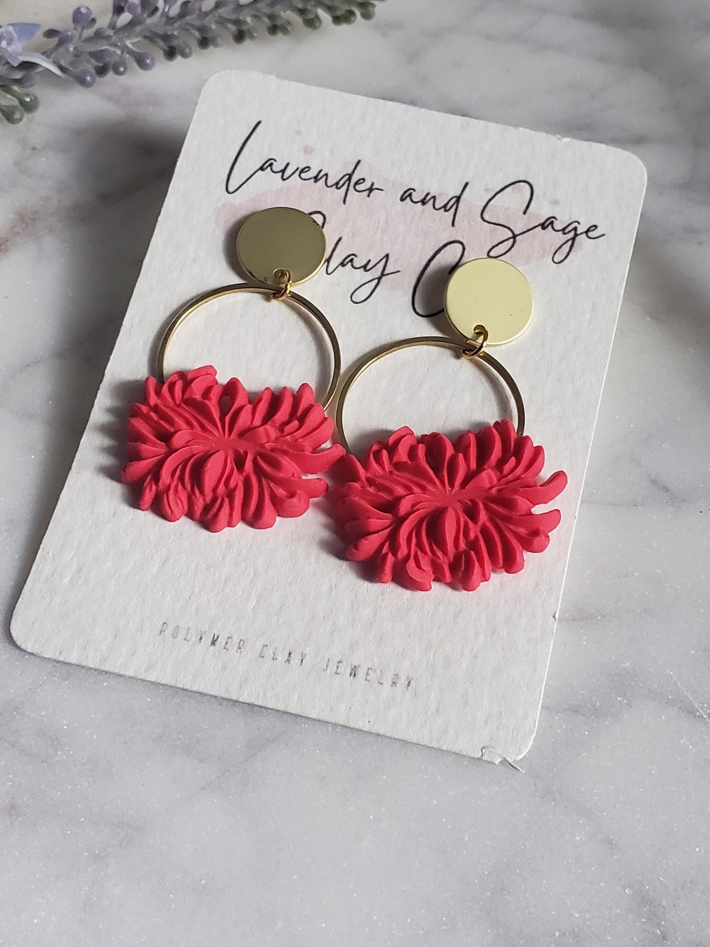 Polymer clay floral hoop earrings, zinnia floral earrings, spring earrings