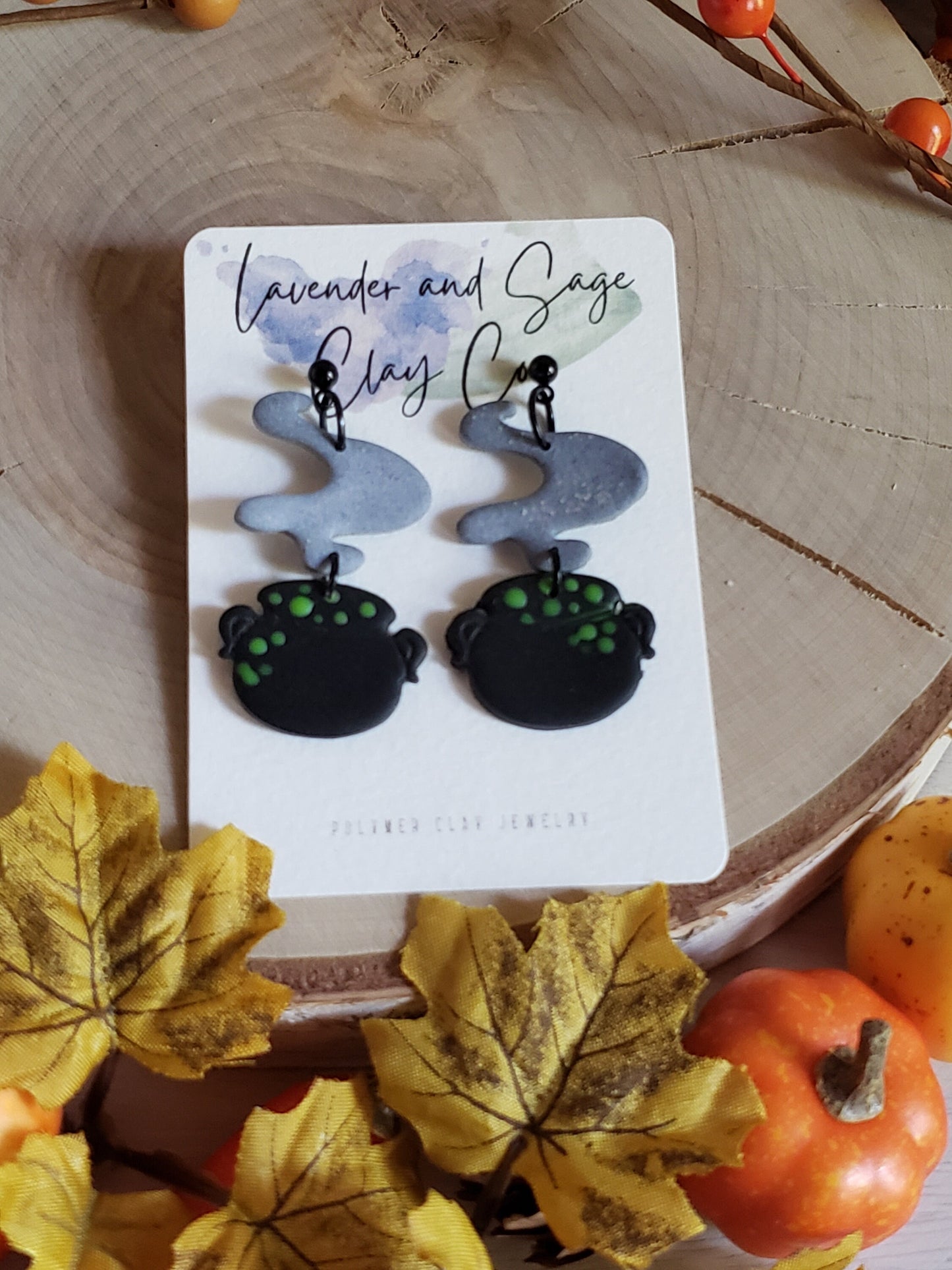 Clay Halloween Earrings | Cauldron earrings with lime green or gray smoke | Statement earrings