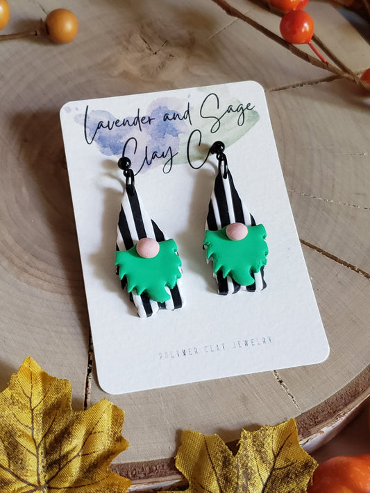 Clay Halloween Earrings | Halloween gnome earrings black and white striped gnomes