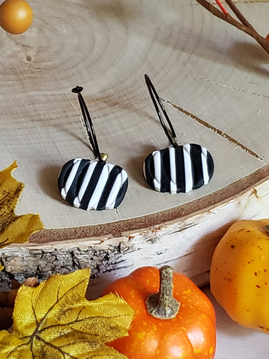 Clay Halloween Earrings| Black and White Striped Pumpkin hoops | Polymer clay Earrings