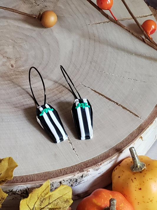 Clay Halloween Earrings | Coffin hoops in black and white stripes