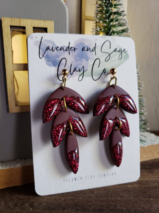 Burgundy leaf polymer clay earrings | holiday earrings | Christmas earrings