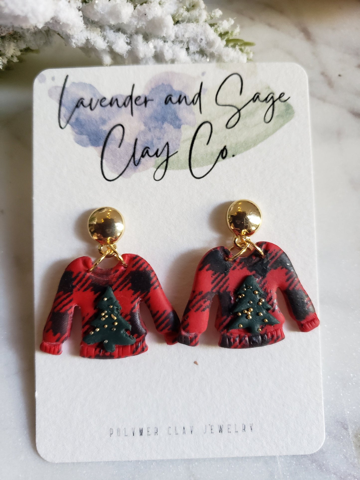 Christmas sweater polymer clay earrings | Buffalo plaid Christmas sweater earrings with Xmas tree