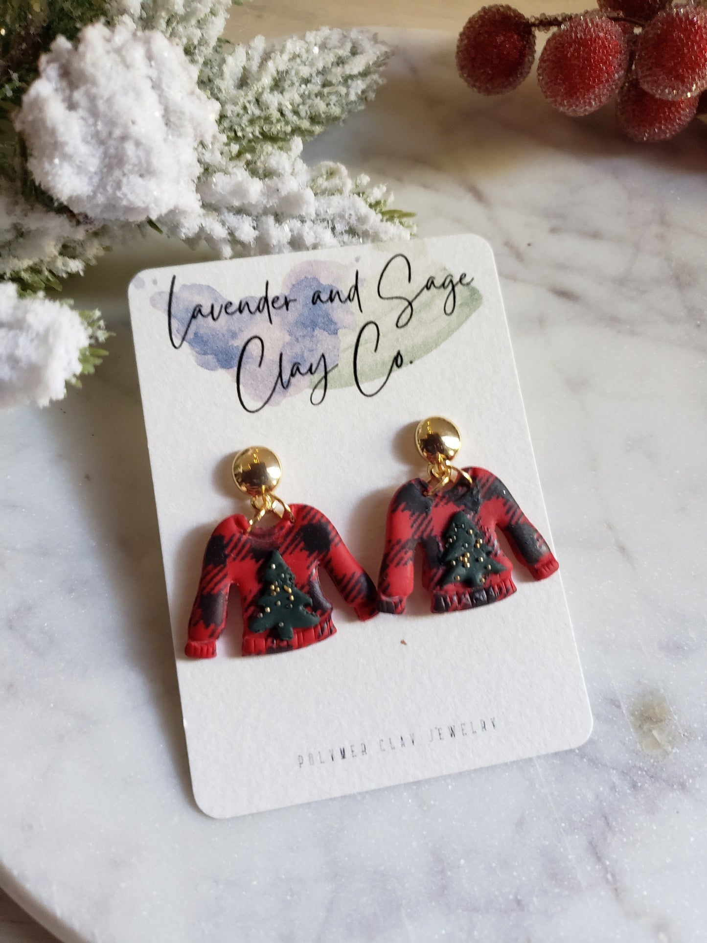 Christmas sweater polymer clay earrings | Buffalo plaid Christmas sweater earrings with Xmas tree