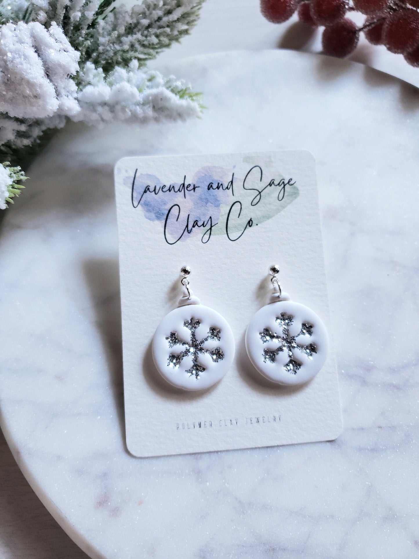 Clay Christmas Earrings Silver Glitter Snowflake Ornament Dangles