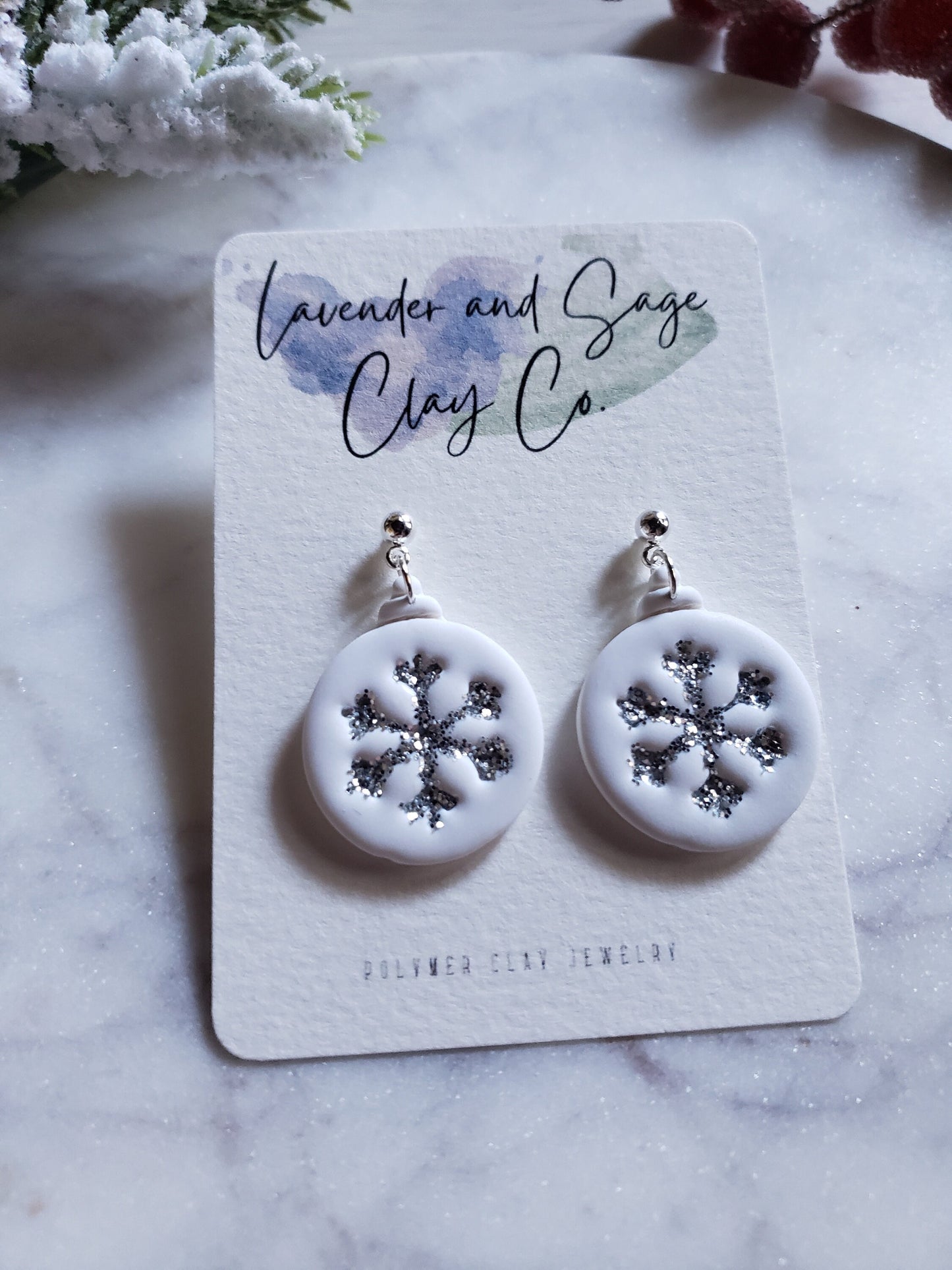 Clay Christmas Earrings Silver Glitter Snowflake Ornament Dangles