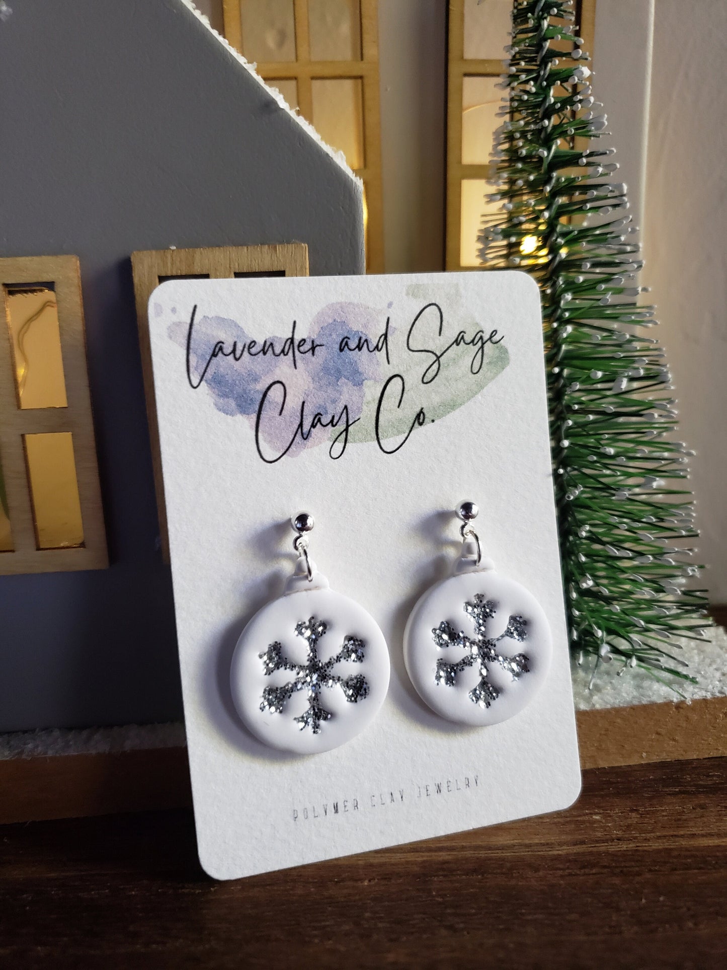 Clay Christmas Earrings Silver Glitter Snowflake Ornament Dangles