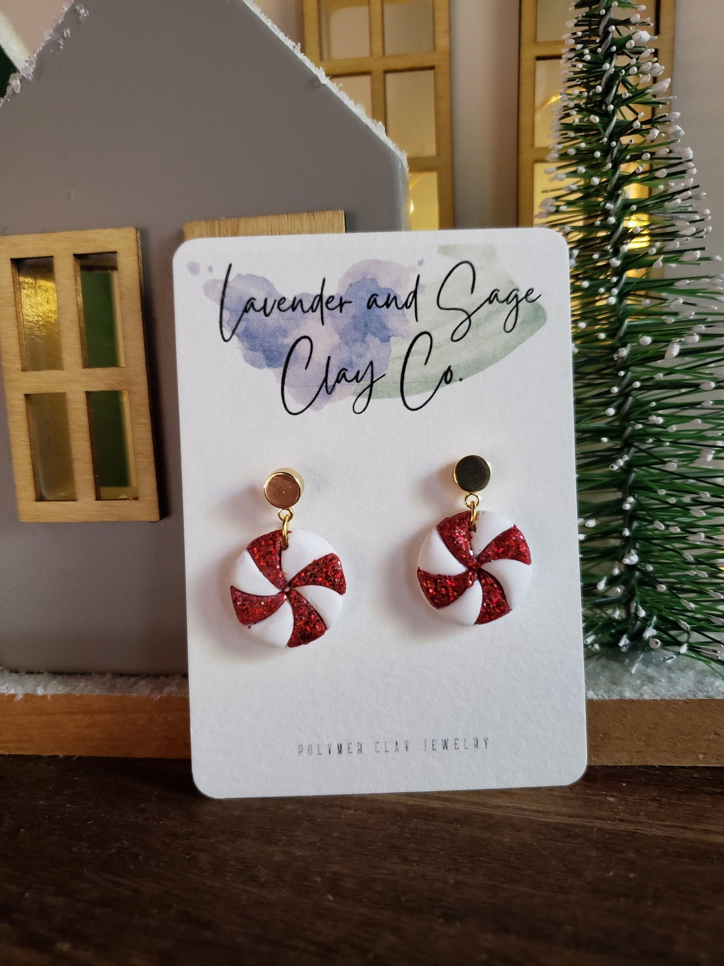 Christmas Polymer Clay Earrings | Peppermint Disc Earrings with Gold Studs