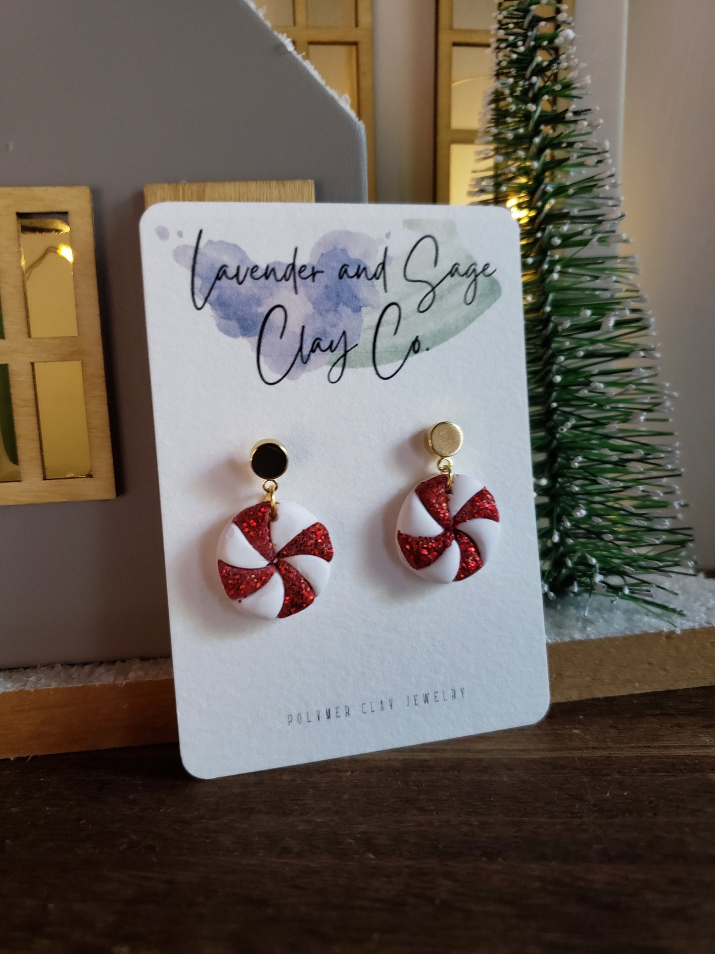 Christmas Polymer Clay Earrings | Peppermint Disc Earrings with Gold Studs