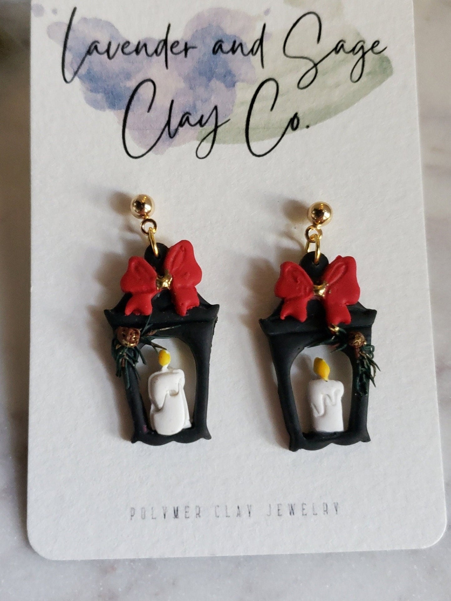 Christmas Polymer Clay Earrings | Christmas Lantern Earrings in Black