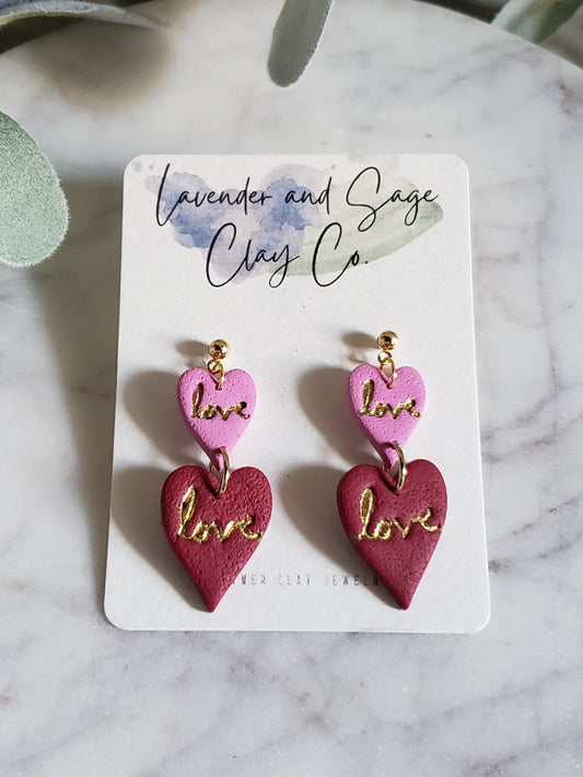 Clay valentine's earrings double love words heart dangles