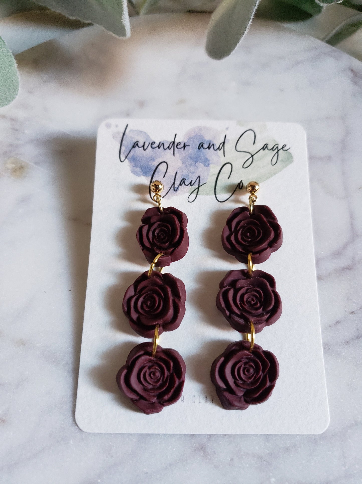 Rose triple flower drop and single rose studs | polymer clay earrings | rose valentine's day earrings