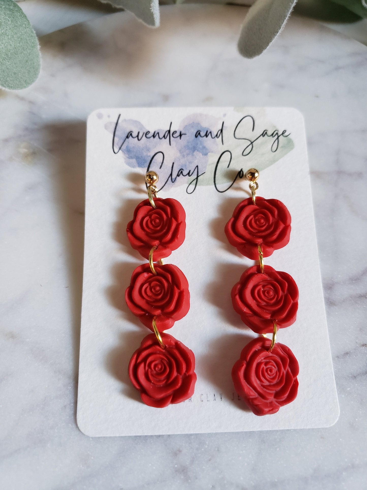 Rose triple flower drop and single rose studs | polymer clay earrings | rose valentine's day earrings